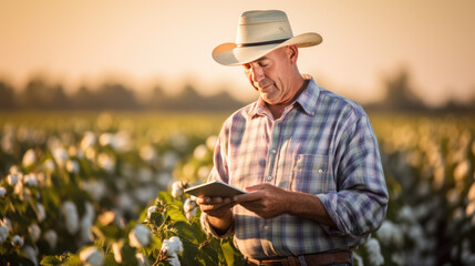 Man farmer in hat walking the field of cotton and using tablet computer. Agricultural concept. - obrazy, fototapety, plakaty