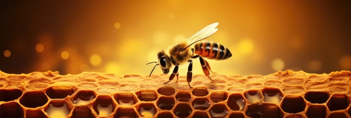 Fotobehang bee on honeycomb with orange light sunrise blur background close up © MAXXIMA Graphica