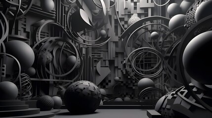 Black dark Paper cut art, folded geometric shapes, abstract background