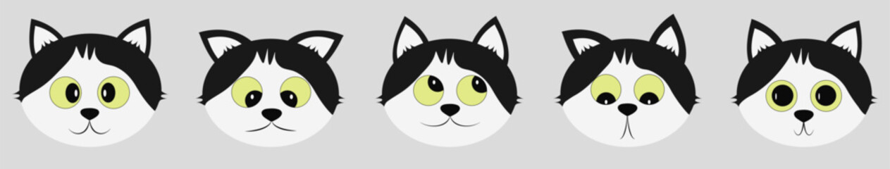 Cartoon black white cat set with different emotions. Face expressions. Ginger kitty in simple cute style, isolated vector illustration. 10 EPS
