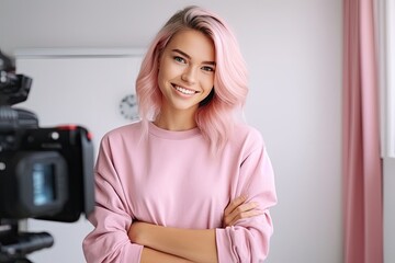 Caucasian Female Vlogger Backdrop Extremely Gorgeous Generative AI