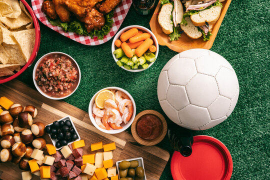 Sports: Blank White Soccer Ball With Tailgate Party Food