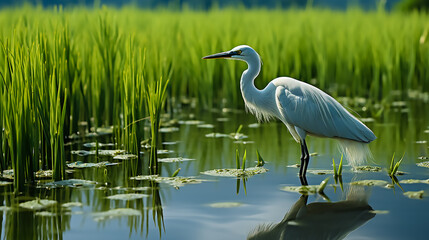 Obraz premium In a green rice field, there is an egret pecking at food, Medium Full, capture photography, abstract expressionism, 32K, high resolution