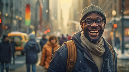 Moody portrait of a so happy black man in a urban street with cheerful atmosphere 