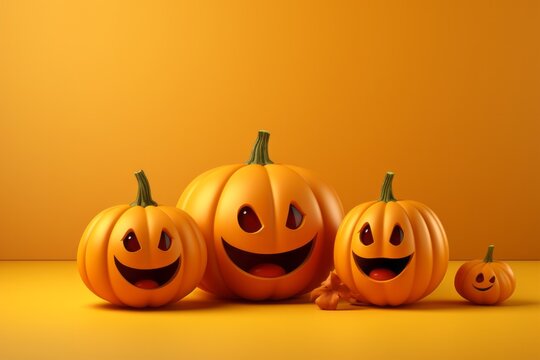 Photo of a festive display featuring carved pumpkins with expressive faces created with Generative AI technology