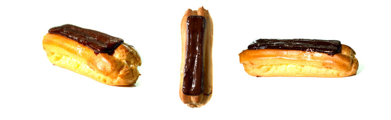 Isolated eclairs set with custard and chocolate icing on white background. Traditional french dessert. Sweet pastry products, сollection view from different sides