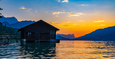 boathouse on lake Attersee, Austria. Lake Attersee at sunset. Salzburgerland, Austria.