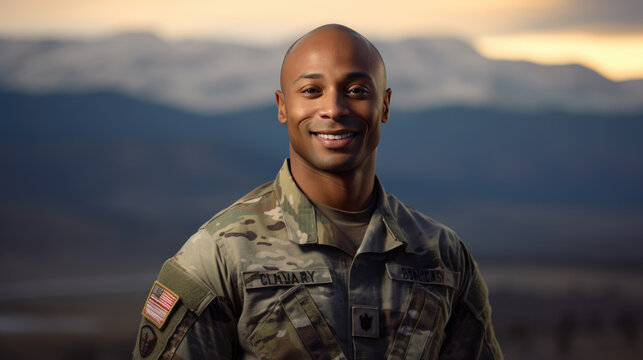Portrait of american male soldier looking at camera.