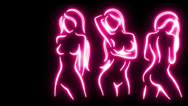Abstract Neon Glowing Female Woman Outlined Body Silhouettes Video Background Loop 4K. Glowing Neon Icon Girl Outline on Black Background. Neon Signs Body Symbols. Georgious Female Body Lines