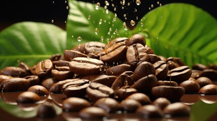 Obraz premium coffee beans with green leaves on water splash 