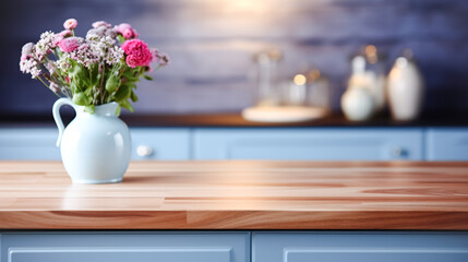 Wooden light empty table top in modern blue kitchen, kitchen panel in interior. Scene showcase, banner