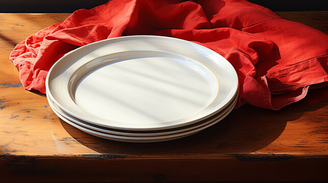 Leerer Teller auf rotem Tischtuch