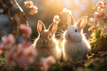 two rabbits in garden beside flowers, sun set light best photo