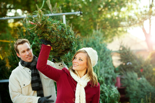 Tree Lot: Couple Carrying Out Christmas Tree