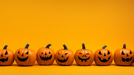 Row of carved halloween pumpkins on orange copyspace background.