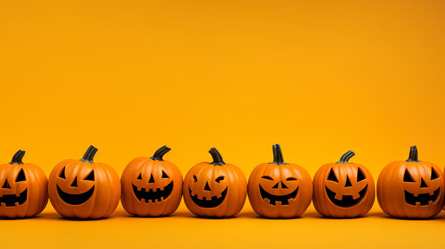 Row of carved halloween pumpkins on orange copyspace background.