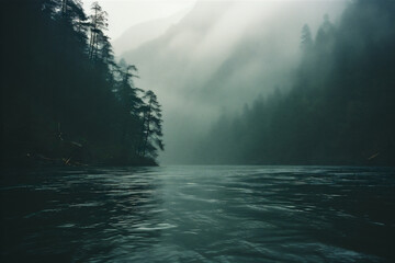 Mountain river in the misty forest