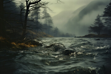 Mountain river in the misty forest