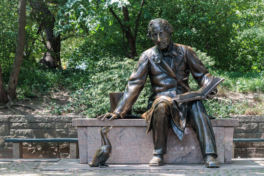 NEW YORK, USA-AUGUST 6, 2023: Monument to Hans Christian Andersen in Central Park by Georg Lober