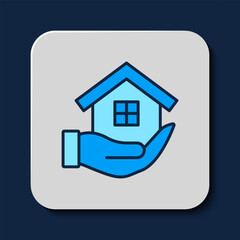 Filled outline House in hand icon isolated on blue background. Insurance concept. Security, safety, protection, protect concept. Vector