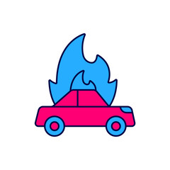 Filled outline Burning car icon isolated on white background. Insurance concept. Car on fire. Broken auto covered with fire and smoke. Vector