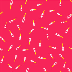 Line Awl tool with wooden handle icon isolated seamless pattern on red background. Work equipment tailor industry. Vector