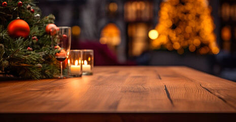 Empty wood table top with blur Christmas tree with bokeh light background, digital ai