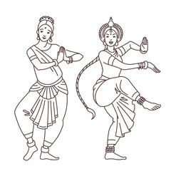 Indian dancers in traditional costumes. Vector drawings isolated on white background. Outline stroke is not expanded, stroke weight is editable