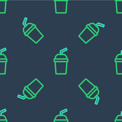 Line Paper glass with drinking straw and water icon isolated seamless pattern on blue background. Soda drink glass. Fresh cold beverage symbol. Vector