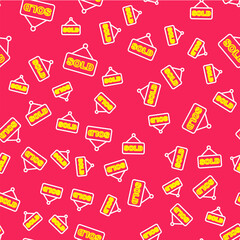 Line Hanging sign with text Sold icon isolated seamless pattern on red background. Auction sold. Sold signboard. Bidding concept. Auction competition. Vector