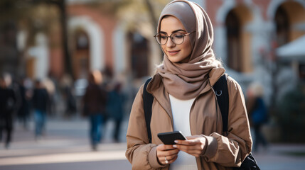 Joyful Arab Female Learner Outdoors, Phone in Hand, Education in Focus.