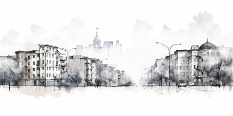 Urban architecture sketch against a white background with copy space.