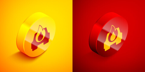 Isometric Burning car icon isolated on orange and red background. Car on fire. Broken auto covered with fire and smoke. Circle button. Vector