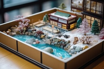 Diorama of Japanese garden. Hot spring, toy holiday home. Miniature of Japanese resort created with Generative AI Technology - obrazy, fototapety, plakaty