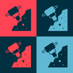 Pop art Construction jackhammer and stone icon isolated on color background. Vector