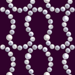 Seamless pattern of a glamour, marine, tropical theme. Shiny pearls. Watercolor hand drawn illustration. On purple background. For decoration and design.