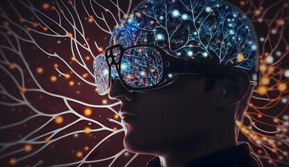 Obraz premium Virtual man people and neural network in VR glasses is a symbiosis of a person and a light structure with many neurons.