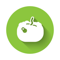 White Pumpkin icon isolated with long shadow background. Happy Halloween party. Green circle button. Vector