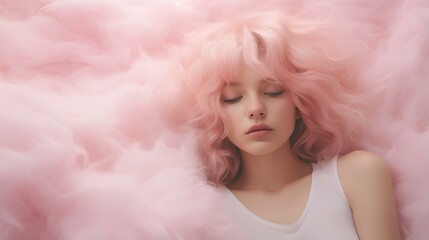 A beautiful dreamy girl with short hair on a fluffy pink background.