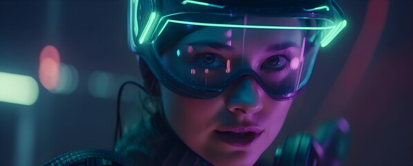 Obraz premium Virtual man people and neural network in VR glasses is a symbiosis of a person and a light structure with many neurons.