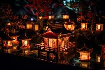 Japanese Lantern Festival. National holiday, view at night. Diorama ancient city with traditional houses and orange lamps. Miniature classic Asian town created with Generative AI Technology