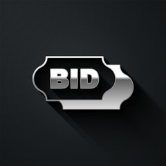 Silver Bid icon isolated on black background. Auction bidding. Sale and buyers. Long shadow style. Vector