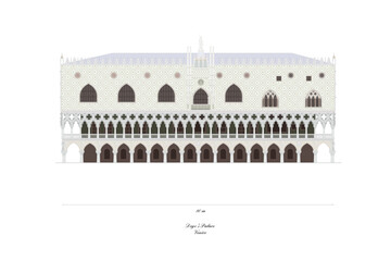 Doge palace venice detailed illustration, facade facing laguna, accurate scale model
