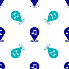 Blue Location musical note icon isolated seamless pattern on white background. Music and sound concept. Vector