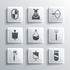 Set Medieval flag, Quiver with arrows, Garden pitchfork, Old bottle of wine, axe, Shield and bow and icon. Vector