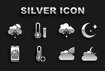 Set Meteorology thermometer, Moon and stars, Cloud with moon, Rainbow clouds, Weather forecast, snow, sun and icon. Vector
