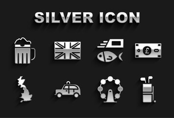 Set Taxi car, Pound sterling money, Golf bag with clubs, London eye, England map, Fish chips, Wooden beer mug and Flag of Great Britain icon. Vector