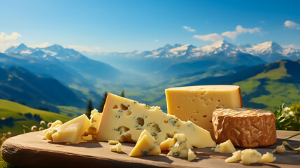 Swiss emmental cheese with big holes, stock photo, - obrazy, fototapety, plakaty