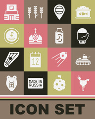 Set Cockerel lollipop, Military tank, Christmas mitten, Location Russia, King crown, Rouble, ruble currency, Mausoleum of Lenin and Pickled cucumbers jar icon. Vector