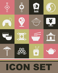 Set Chinese tea ceremony, house, Yuan currency, paper lantern, China flag, fortune cookie, and conical straw hat icon. Vector